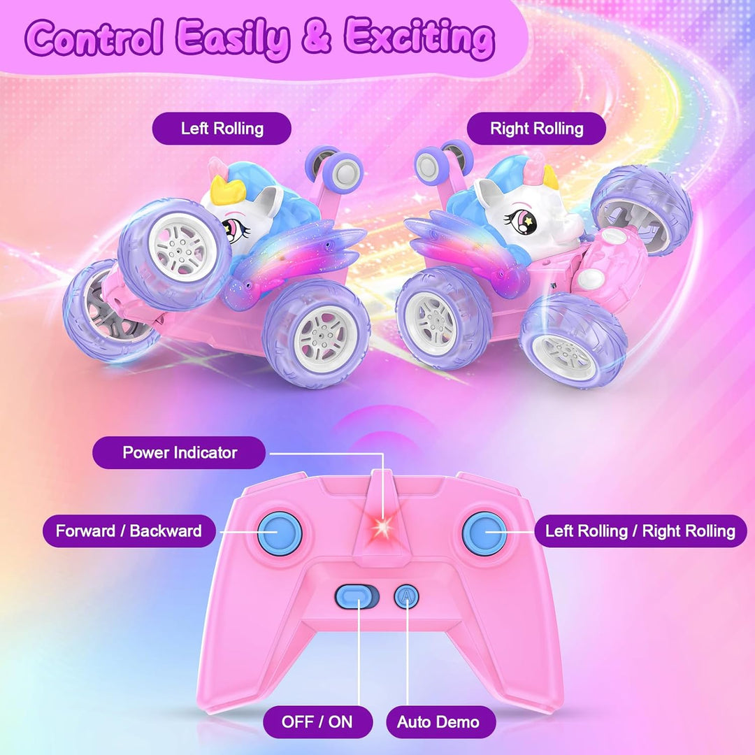 Ferngesteuertes Auto, Einhorn Spielzeug ab 3 4 5 6 7 8 9 Jahre Mädchen 2.4GHz RC Stunt Auto mit Leuc