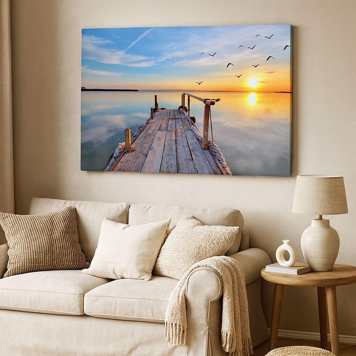 ARTTOR Bilder auf Leinwand 100x70cm Leinwandbild See Natur Brücke Vögel Gross Wanddeko Bild Schlafzi