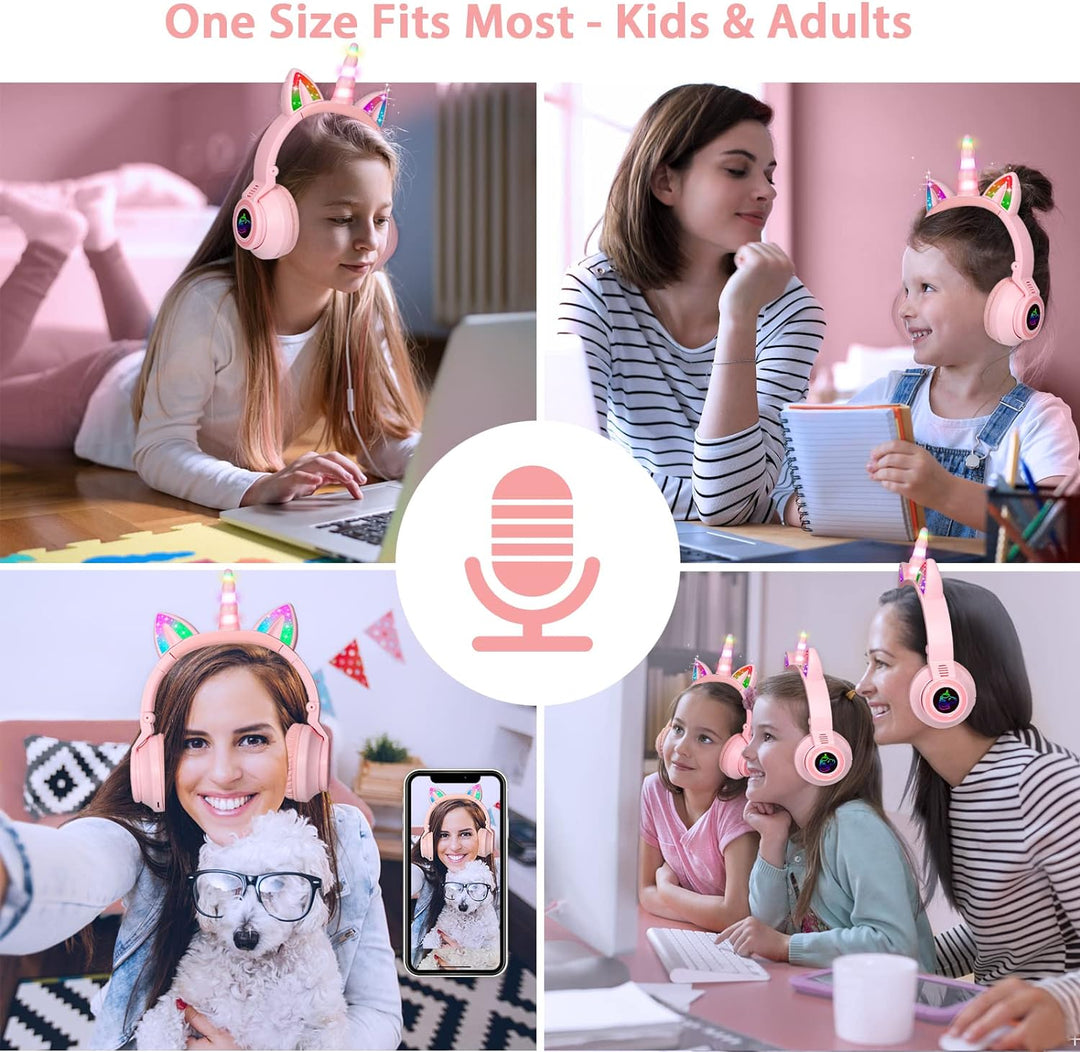 JYPS Einhorn Bluetooth-Kopfhörer, kabellose/kabelgebundene Kinder kopfhörer Mädchen mit LED-licht, K