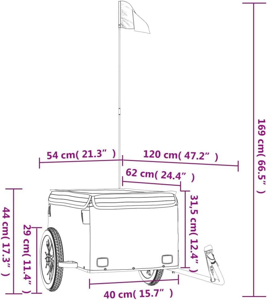 Mangloder Fahrradanhänger Schwarz Blau Eisen mit Deichsel, Sicherheitsflagge, Laderaum 62x40x31, für