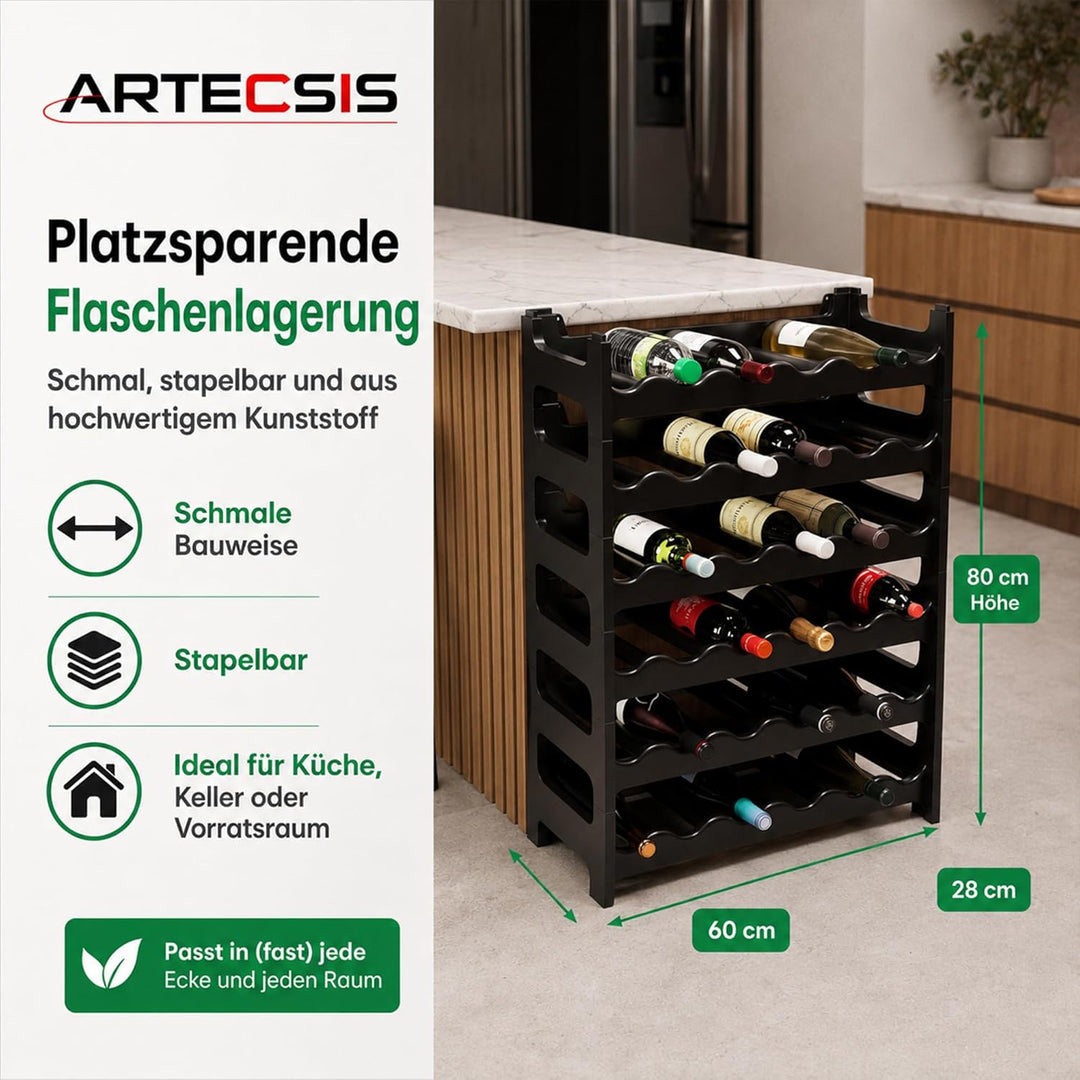 ARTECSIS Weinregal stapelbar Kunststoff für 36 Flaschen, stabiles leichtes Flaschenregal für Keller,