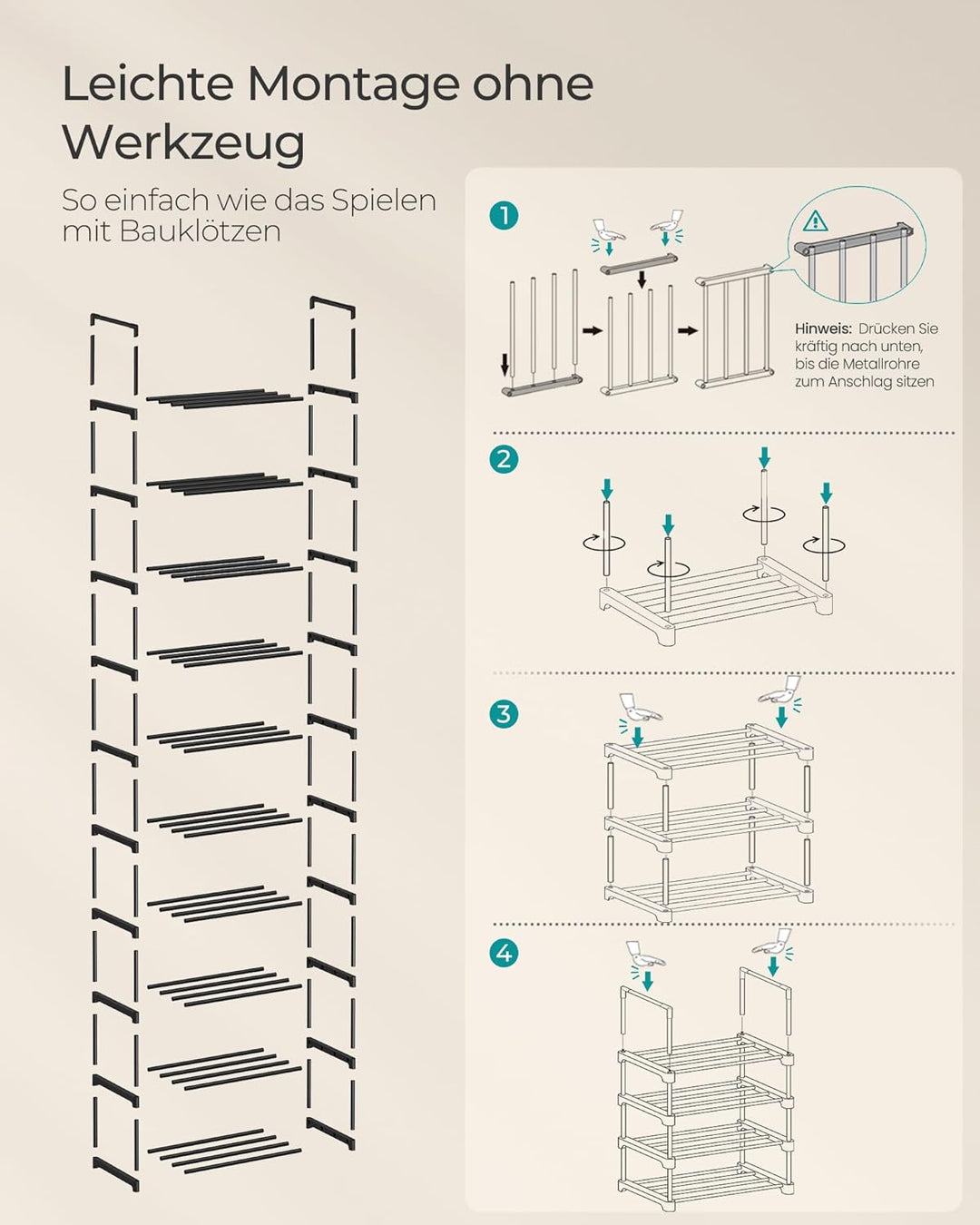 SONGMICS Schuhregal mit 10 Ebenen, offener Schuhschrank hoch, Schuhständer schmal, Schuhaufbewahrung