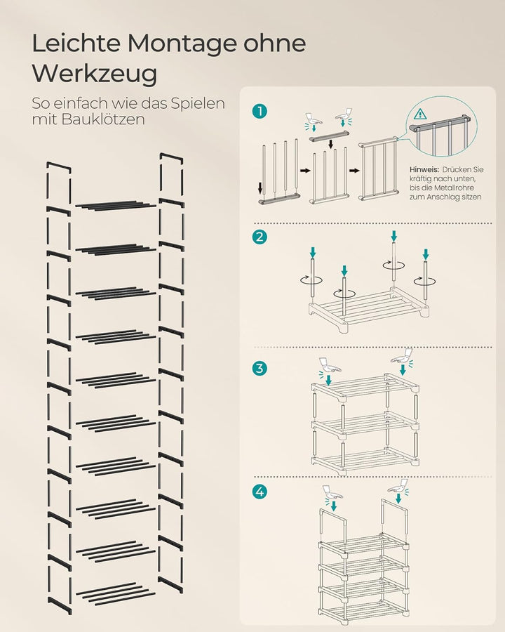 SONGMICS Schuhregal mit 10 Ebenen, offener Schuhschrank hoch, Schuhständer schmal, Schuhaufbewahrung