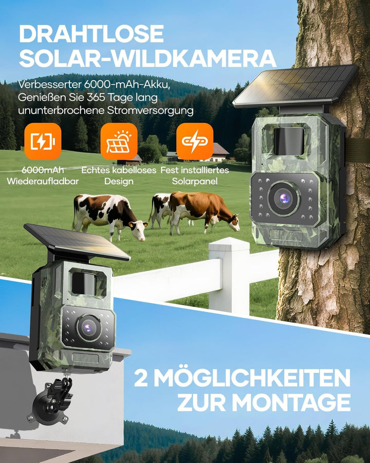 Wildkamera mit Handyübertragung App, 4K 64MP WIAN Solar Wildtierkamera mit Nachtsicht Bewegungsmelde