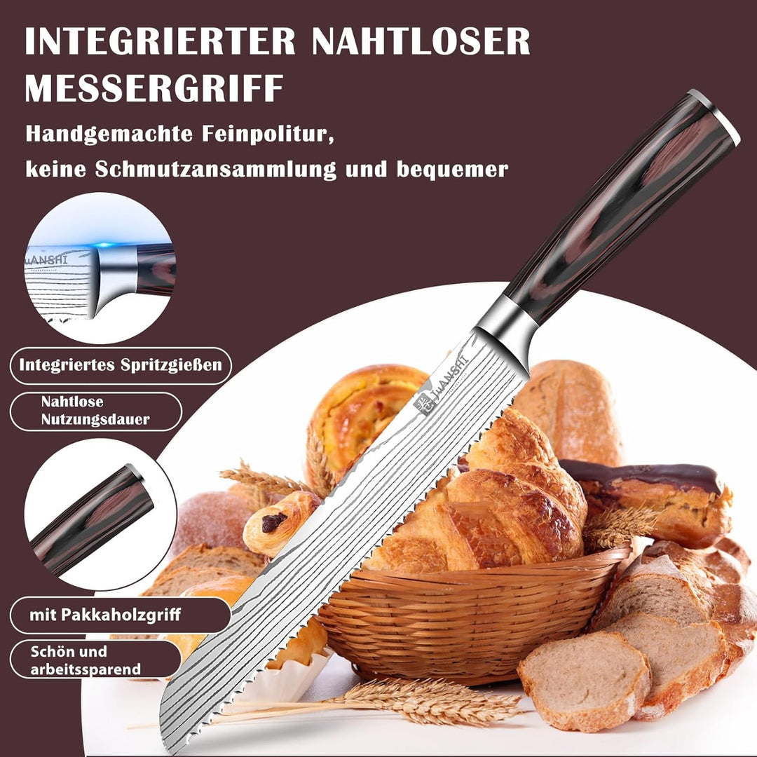 JUANSHI® Brotmesser mit Wellenschliff 20 cm, Asiatisches Küchenmesser aus Carbon-Edelstahl, Extrem S