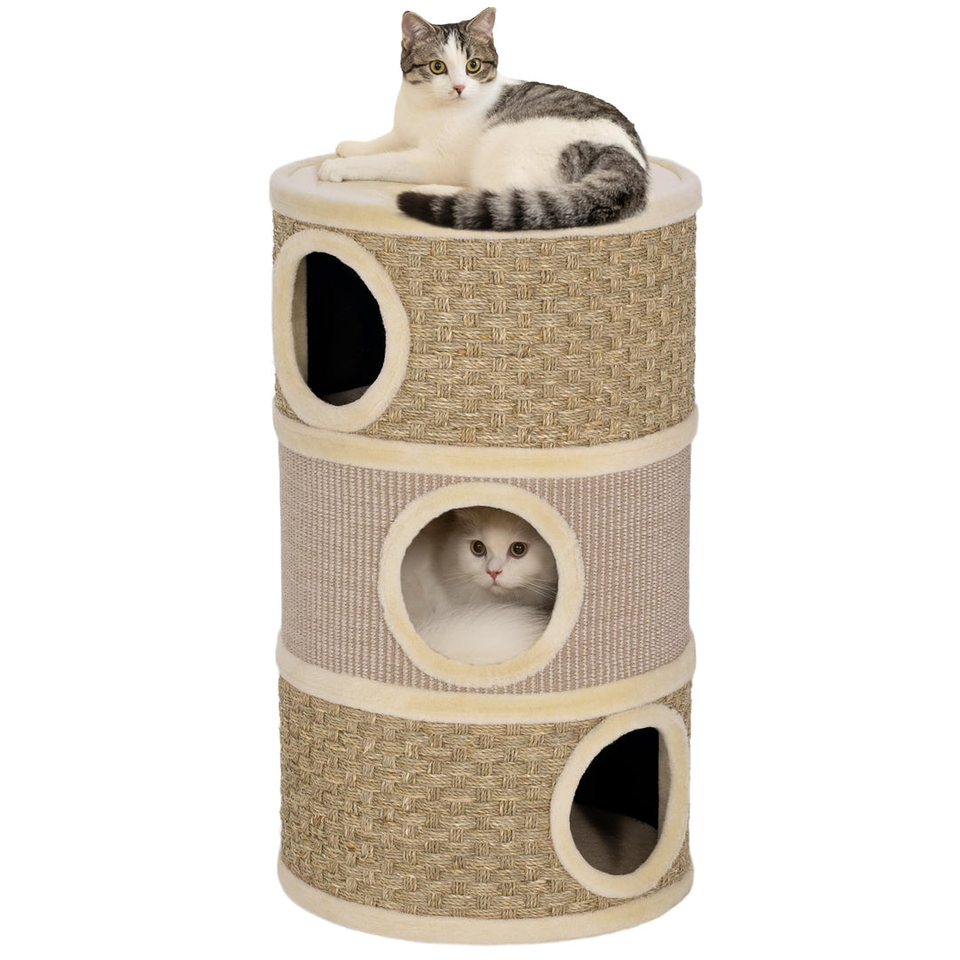 PawHut Kratztonne für Katzen 79 cm Hoch Ø 45 cm Katzentonne mit 3 Etagen Sisalseil, Plüsch Katzenhöh
