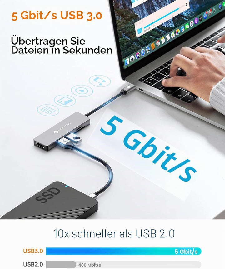 NOVOO 5-in-1 USB-C-Hub mit 4K HDMI-Adapter, 2 USB 3.0-Anschlüsse, SD/TF-Kartenleser, USB-C-Multiport