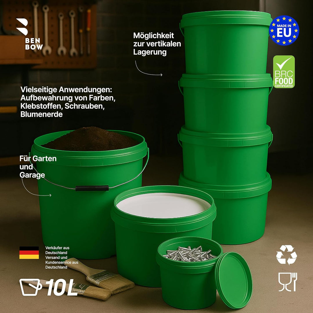 BenBow Eimer mit Deckel 10l grün 100x 10 Liter - lebensmittelecht, stabil, luftdicht, auslaufsicher,
