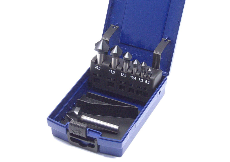 WSH-TOOLS Kegelsenker Set 7-teilig TiAlN-beschichtet 6,3 mm - 25mm HSS-G 90° Winkel in Rosebox mit S