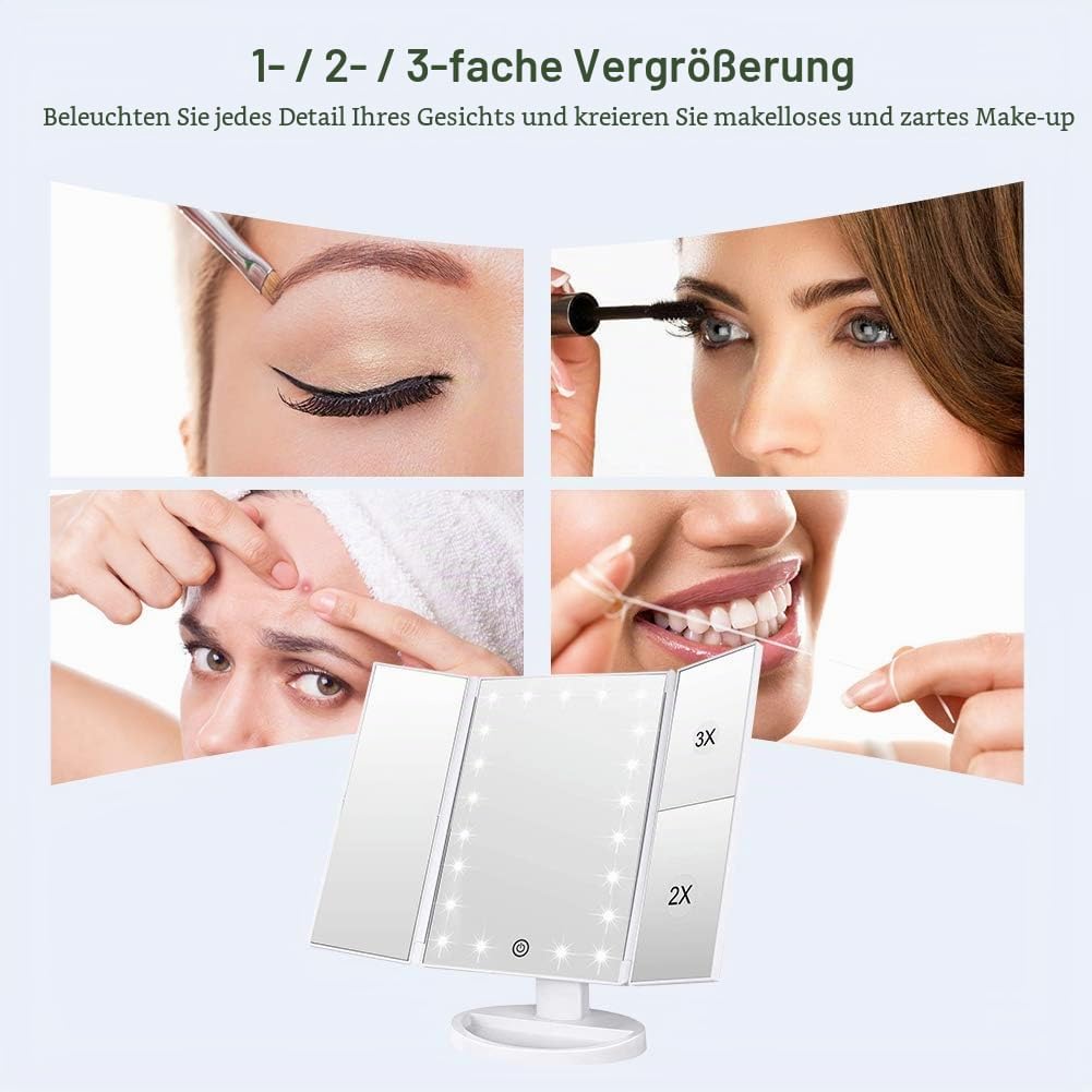 WEILY Schminkspiegel mit Beleuchtung, Faltbare Kosmetikspiegel mit 1X/2X/3X Vergrösserung, Schminksp
