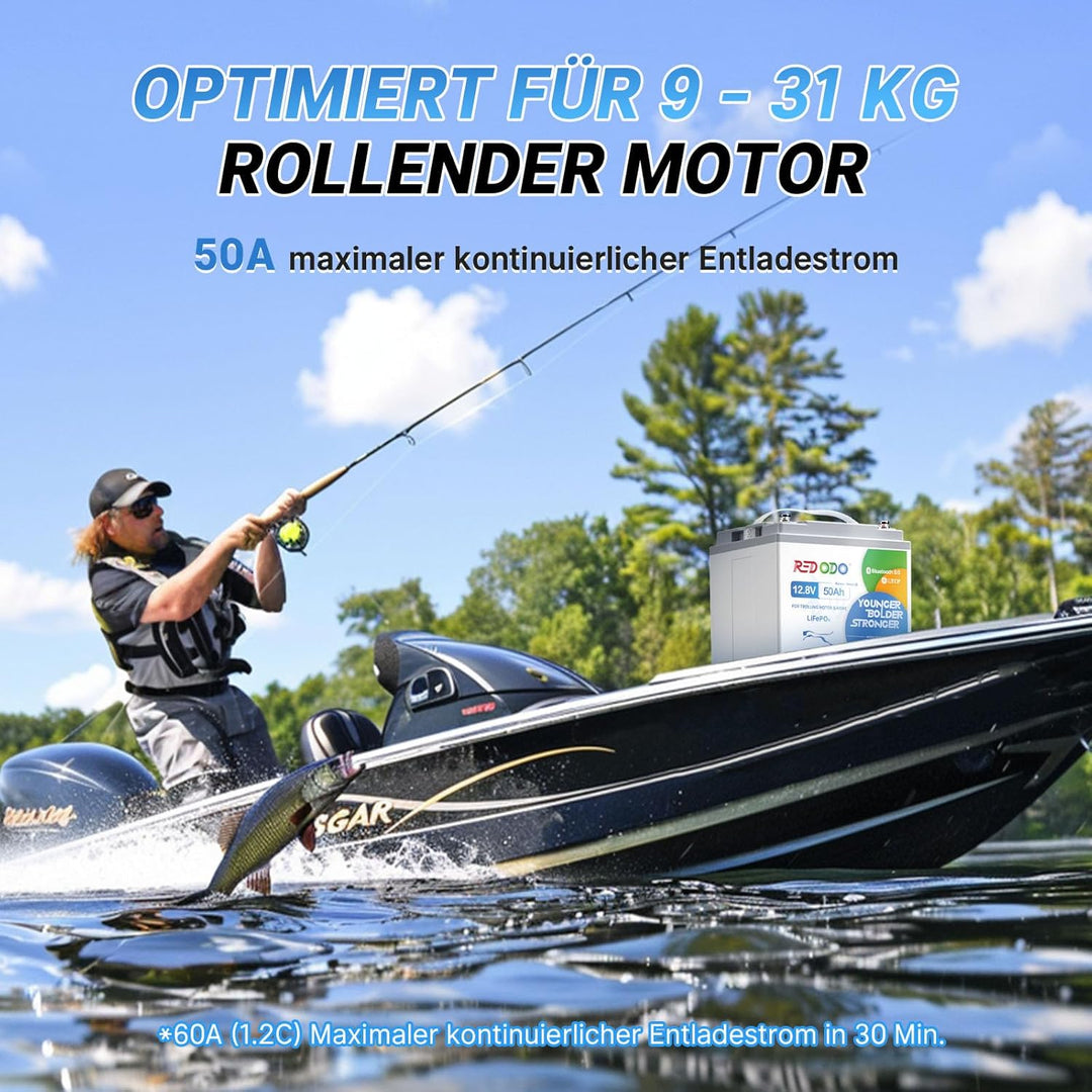 Redodo 12V 50Ah Smart Bluetooth LiFePO4 Lithium Batterie für Trolling Motor, Low-Temp Schutz, 10 Jah