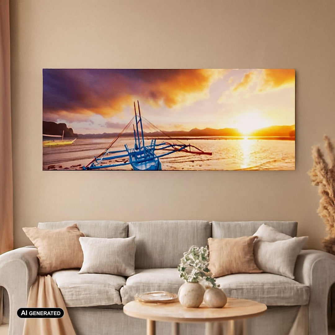 Panorama Bilder auf Leinwand 100x40cm Leinwandbild Ufer Boot Strand Gross Wanddeko Bild Schlafzimmer