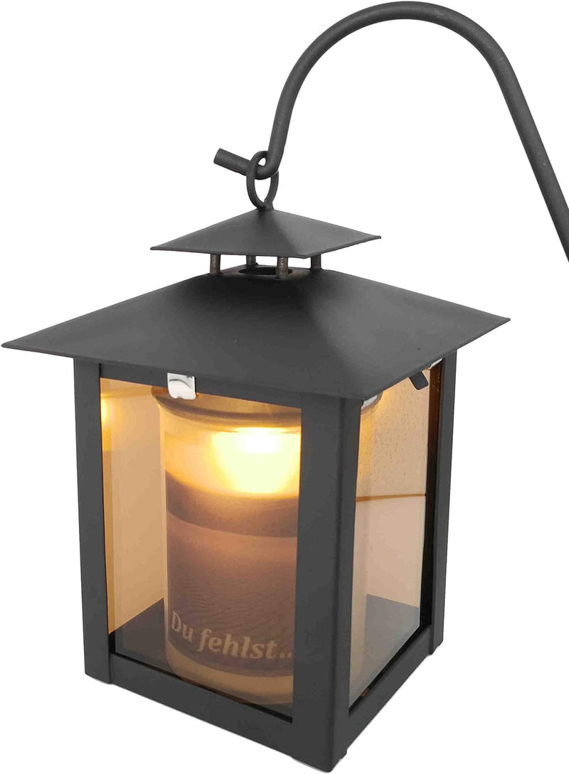 Grablaterne, Grableuchte ideal für Urnengrab aus Stahl, schwarz matt mit Echtglasscheibe inkl. 3 tlg