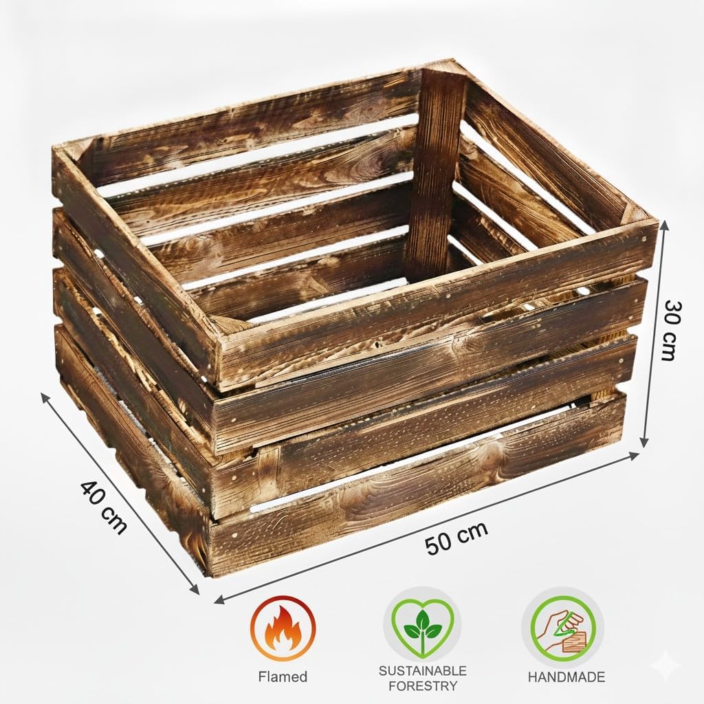 Geflammte Holzkisten im Set-Angebot: Originale, vintage Obstkisten Apfelkisten aus dem alten Land zu