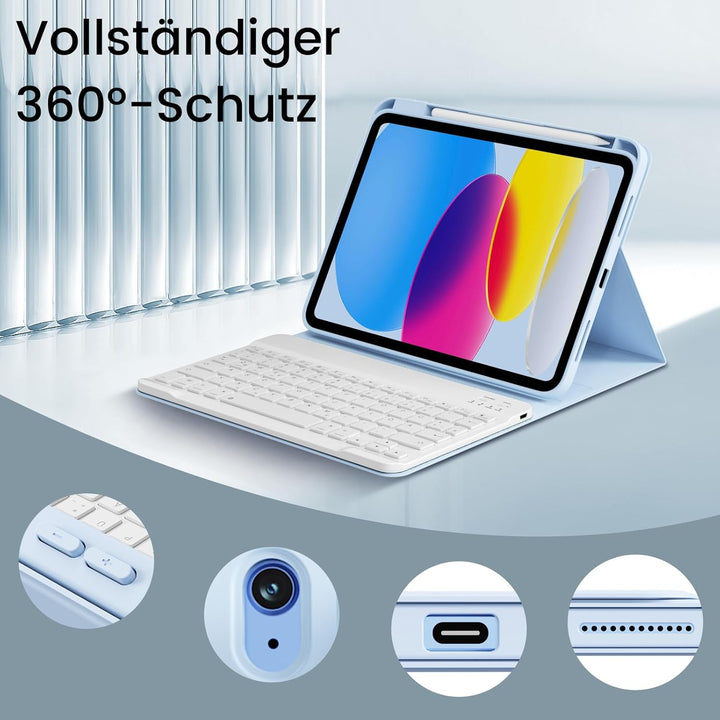 Hülle mit Tastatur für iPad 11/10 Generation mit Stifthalter, Magnetisch Abnehmbare Kabellose Blueto