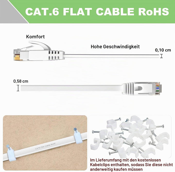 ikbc LAN Kabel 40 meter, Cat 6 Netzwerkkabel 40m Outdoor Indoor Flach Lang | Weiss Ethernet Kabel Ho