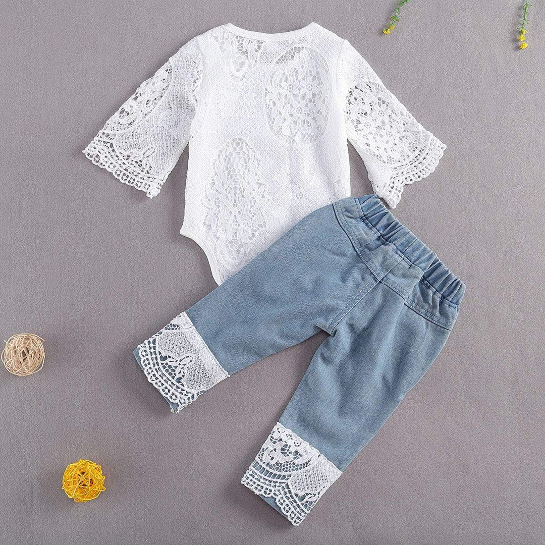 Geagodelia Babykleidung Set Baby Mädchen Kleidung Outfit Langarm Spitze Body Strampler + Jeans Hose