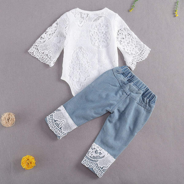 Geagodelia Babykleidung Set Baby Mädchen Kleidung Outfit Langarm Spitze Body Strampler + Jeans Hose
