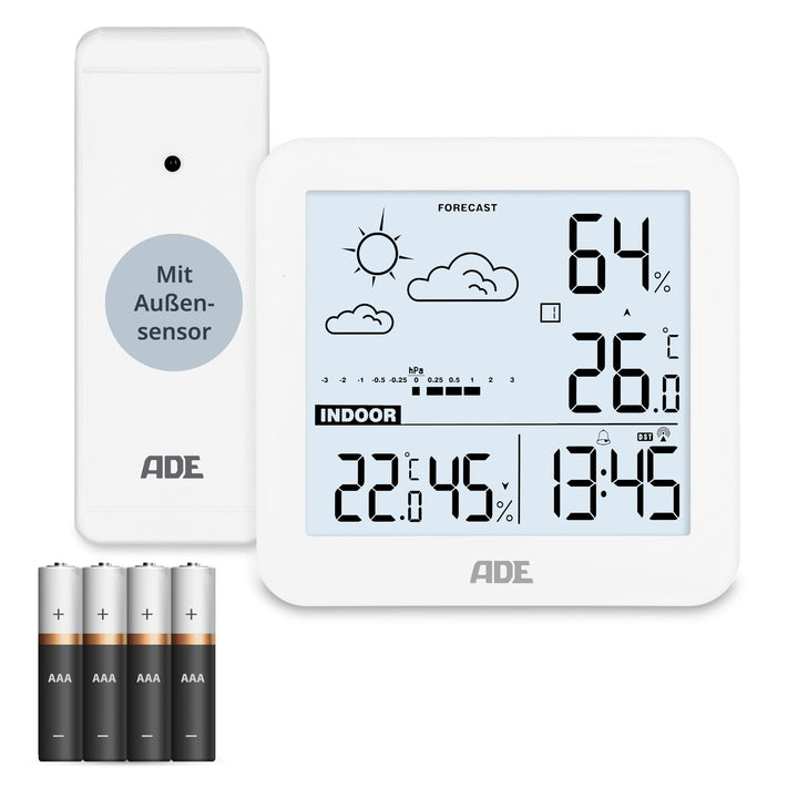 ADE Kleine digitale Wetterstation funk mit Aussensensor und Wettervorhersage | Innen- und Aussentemp