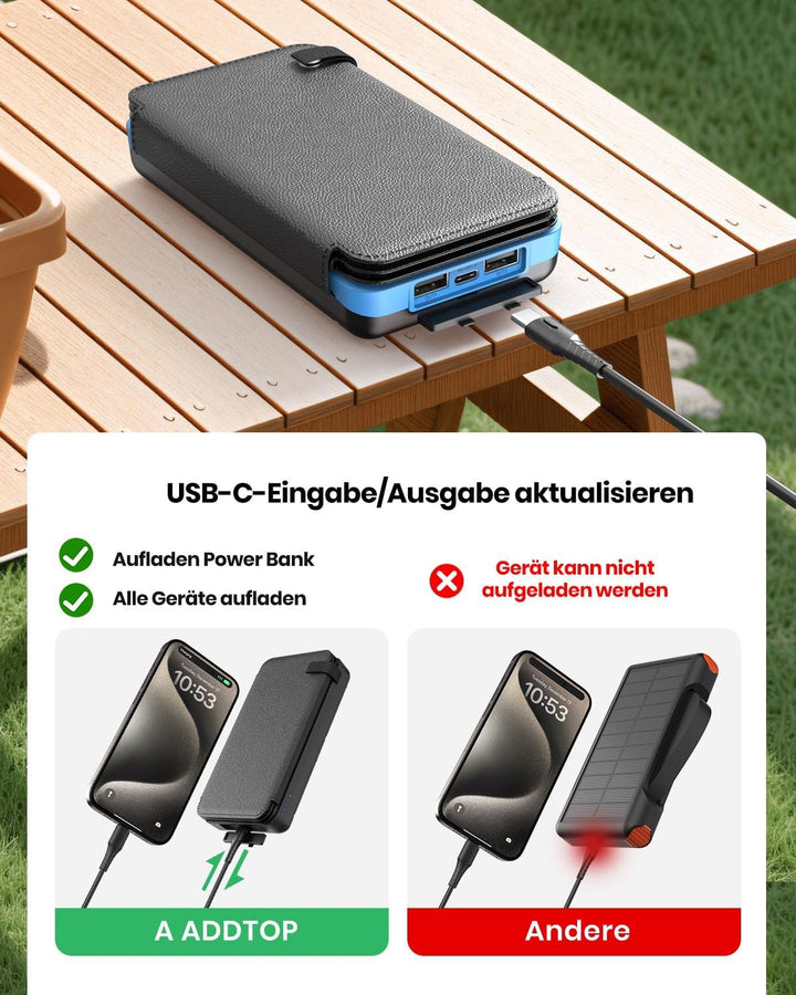 A ADDTOP Solar Power Bank - 25000 mAh Solar PowerBank mit 4 Solarpanels - 3.0A Schnelllade Ladegerät