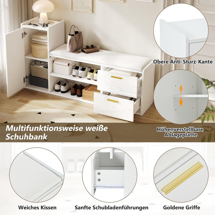 Merax Schuhschrank 128 × 30 × 68 cm mit Sitzbank &amp; Stauraum, Hochglanz Schuhregal mit 2 Schubladen u
