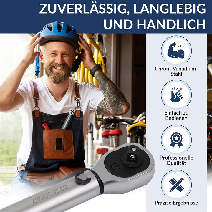 NTG Drehmomentschlüssel 1/4 Zoll 5-25 Nm | Drehmomentschlüssel Fahrrad & Motorrad | Set mit Verläng