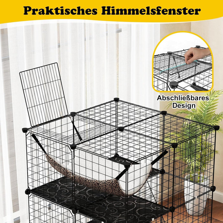 FANTASK Metalldrahtkäfig 3-stöckig, grosse Katzenkäfig mit Dachfenster, Hängematte, 2 Leitern &amp; 3 Tü