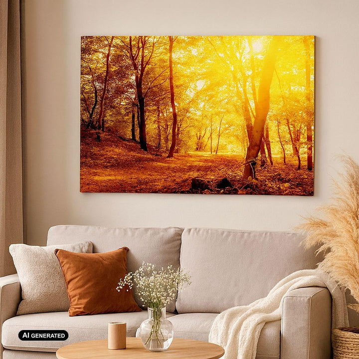 Bilder auf Leinwand 100x70cm Leinwandbild mit Rahmen Wald Baum Natur Gross Wanddeko Bild Schlafzimme