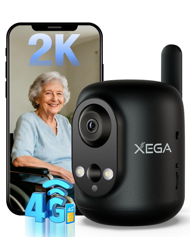 Xega 4G LTE Überwachungskamera Innen mit SIM Karte Ohne WLAN, 2K Kabellose Kamera für Babys/Haustier