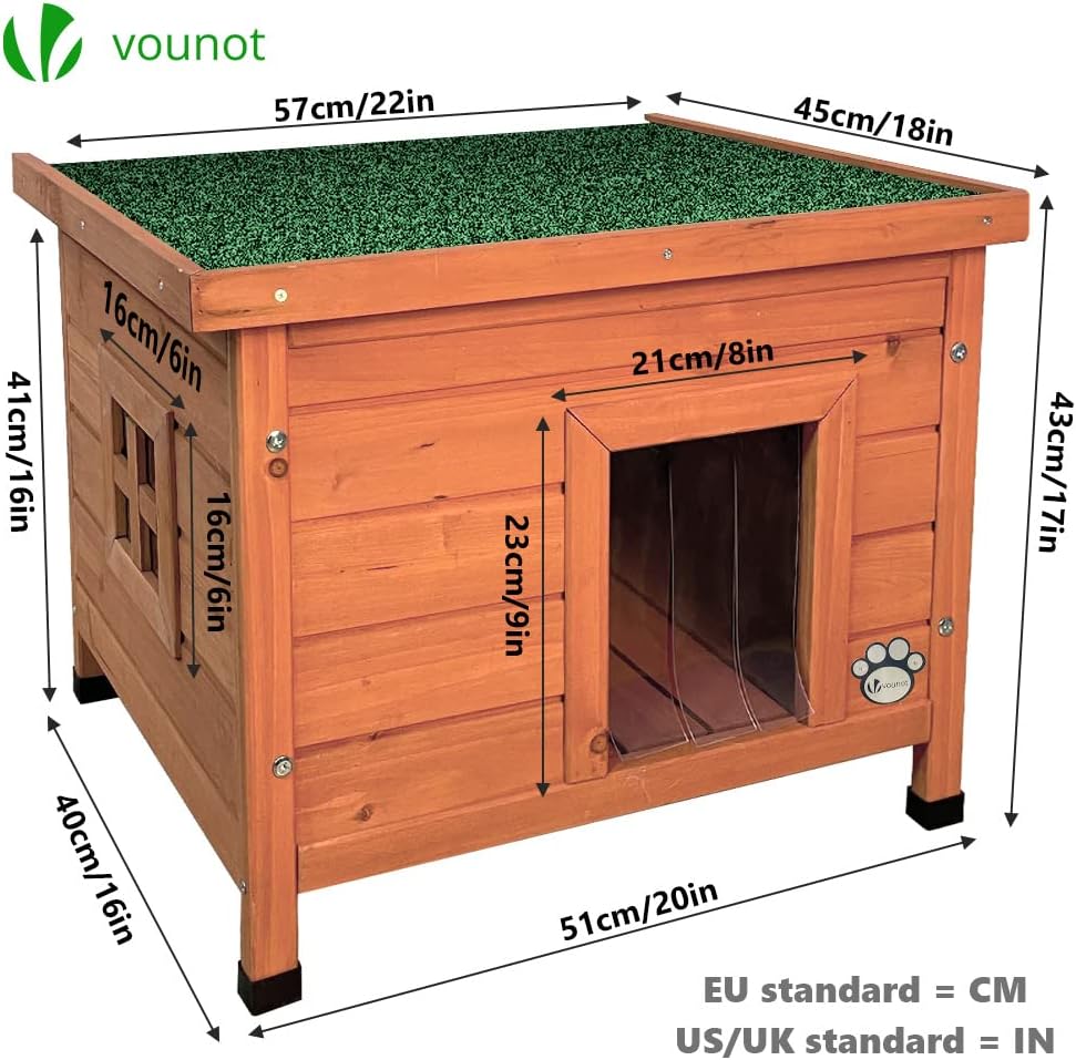 VOUNOT® Katzenhaus aus Holz, Katzen Haus mit Asphaltdach, Katzenhütte für Draussen Outdoor 57 x 45 x