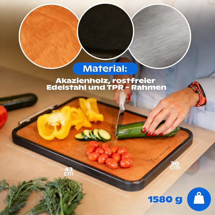 Doppelseitiges Schneidebrett Holz & Edelstahl – 2-in-1 Küchenbrett | Rutschfestes Cutting Board, Gro