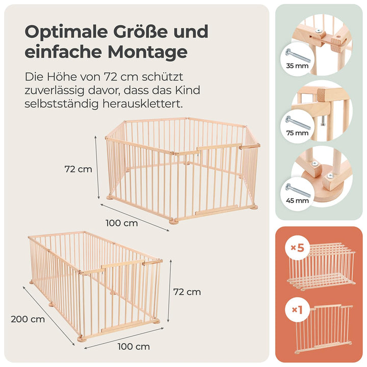 Spec-wood Baby Laufgitter klappbar ink. Tür XXL 92x74 cm aus Buchenholz - Laufstall Baby Holz mit Si