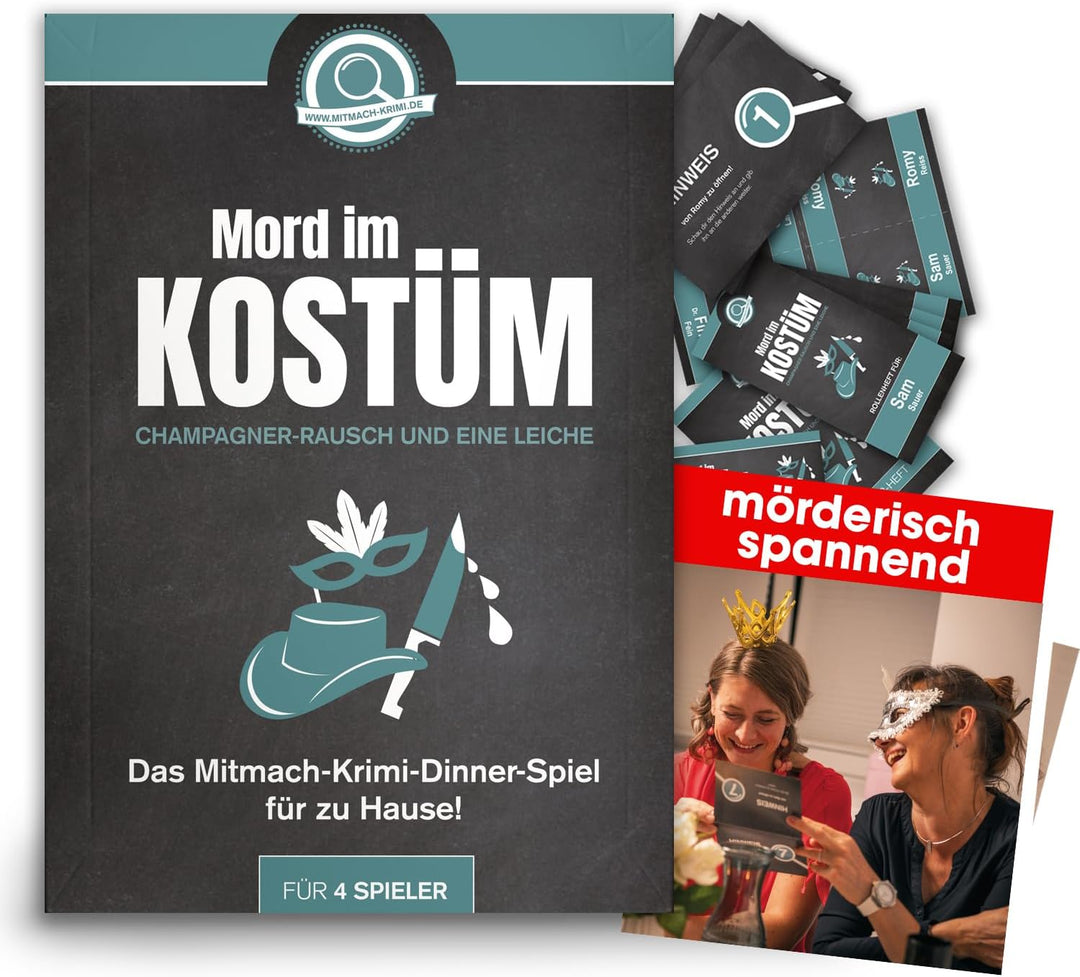 Krimispiel Mord im Kostüm – Champagner-Rausch und eine Leiche – Krimi Dinner Spiel für zuhause für 4