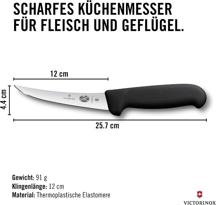 Victorinox Fibrox Ausbeinmesser, Scharfes Küchenmesser für Fleisch und Fisch, 12 cm, Gebogene Klinge