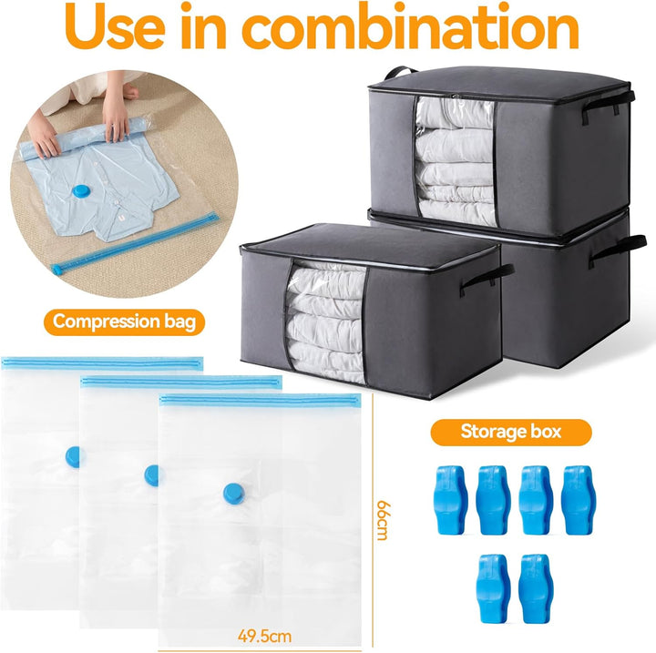 3er Set Aufbewahrungstaschen aus Vliesstoff 60×40×35 cm (Dunkelgrau) + 3 Vakuumbeutel 70×50 cm, Falt