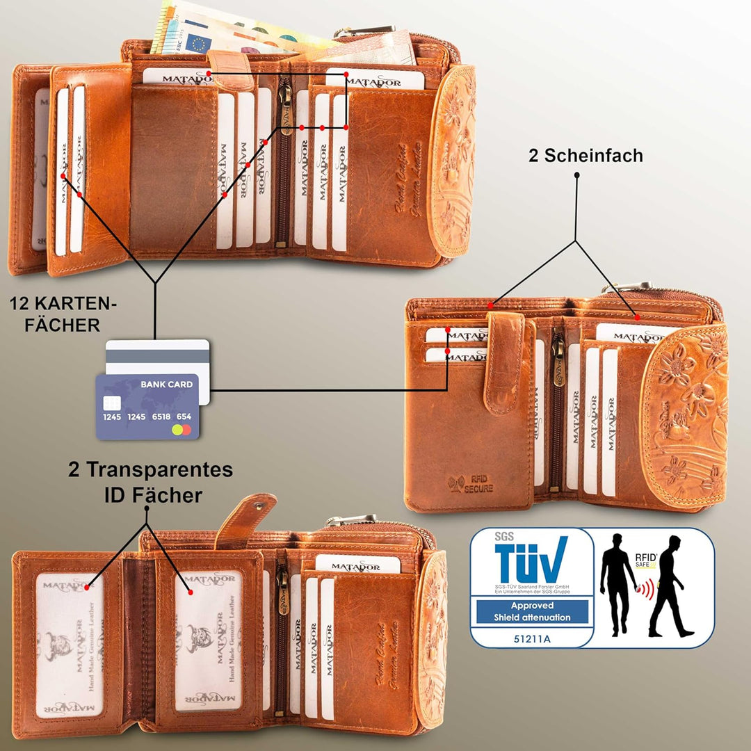 MATADOR |SARAGOSSA| RFID Blocker Leder Portemonnaie Damen| Geldbeutel Portmonee Damen mit Geschenk B