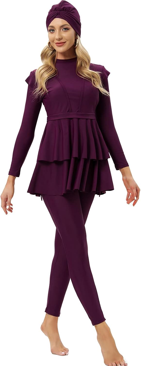 seafanny Damen Modest Badeanzug Langarm Burkini Full Cover Muslim Badeanzug 36 Wein Rot, 36 Wein Rot