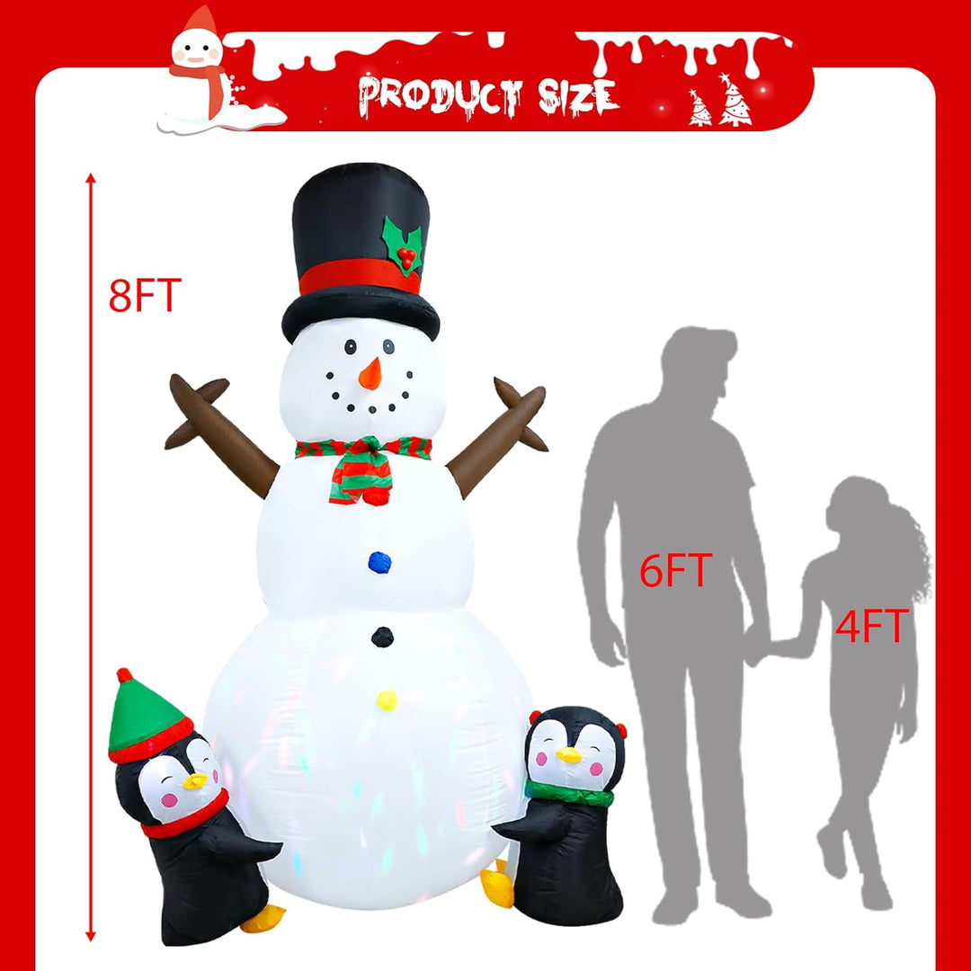 2,44m/8FT Aufblasbarer Schneemann mit 2 Pinguinen – LED Weihnachtsdeko Outdoor, Frosty Figur Beleuch