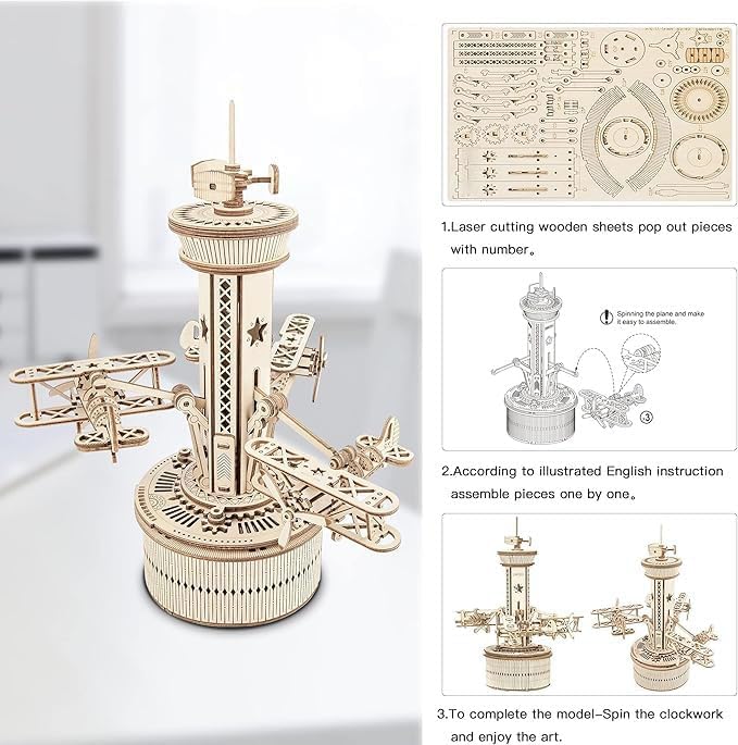 Robotime 3D Holzpuzzle Spieluhr Modellbausatz Mechanische Flugkontrollturm Holz Bastelset für Kinder