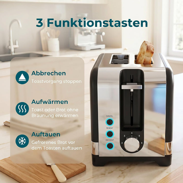HOMCOM Toaster 2 Scheiben mit 7 Bräunungsstufen, Aufwärmen, Auftauen, Abbruch, Brötchenaufsatz, Selb