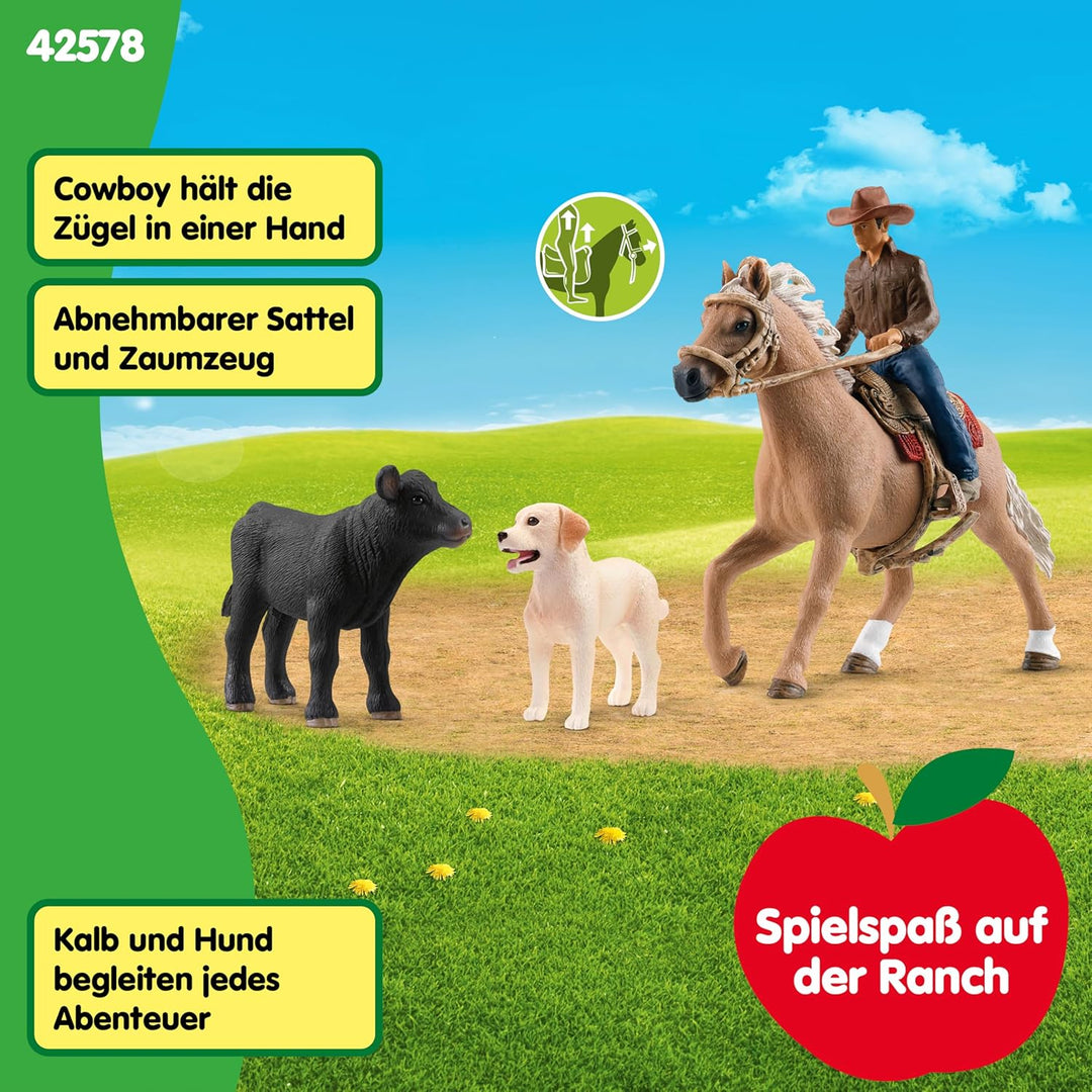 SCHLEICH Farm World | Westernreiten 42578 | Bauernhof Set mit Cowboy, Pferd, Kuh und Hund sowie Zaum