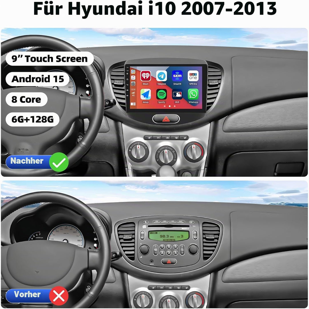 Android 15, 6G+128G 8Core CAMECHO Autoradio Navi für Hyundai i10 2007-2013 mit Carplay Android Auto