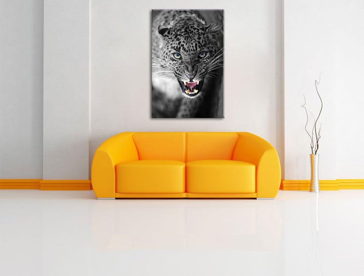 schöner fauchender Leopard schwarz/weiss Format: 100x70 auf Leinwand, XXL riesige Bilder fertig gera