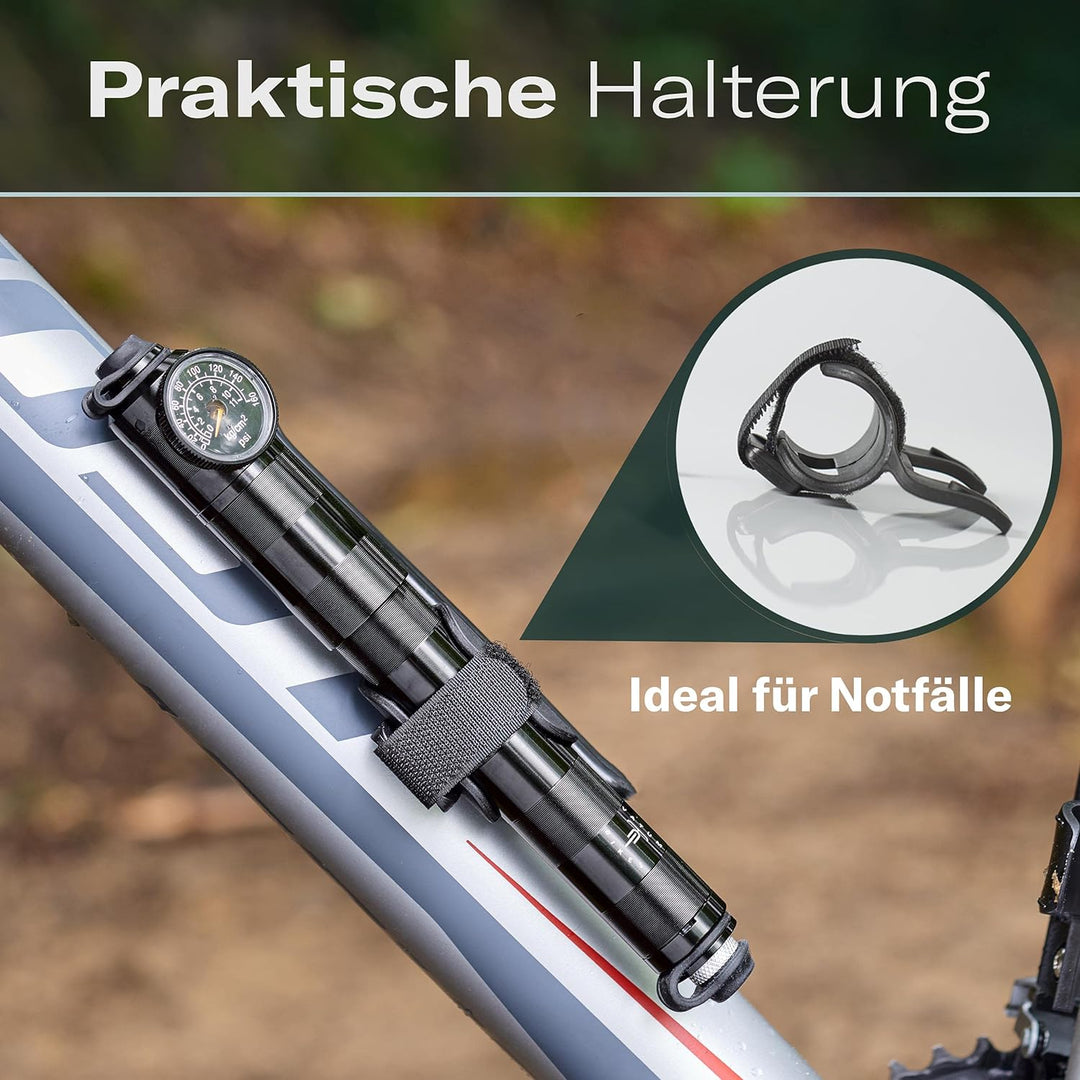 Mini Fahrradpumpe für alle Ventile mit Druckanzeige - Luftpumpe Fahrrad alle Ventile - Geeignet für