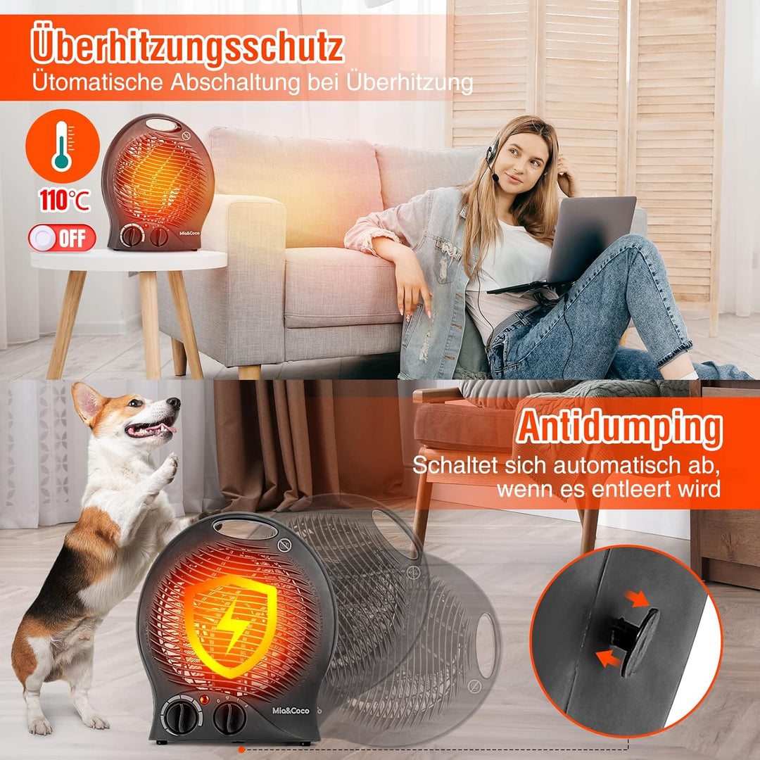 Heizlüfter Energiesparend mit Thermostat, 2000W Tragbare Elektroheizung mit 3 Heizstufen, Instaheat