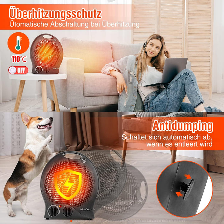 Heizlüfter Energiesparend mit Thermostat, 2000W Tragbare Elektroheizung mit 3 Heizstufen, Instaheat