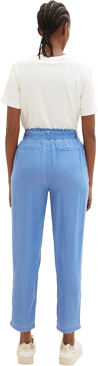 TOM TAILOR Denim Damen Tapered Relaxed Fit Paperbag Hose mit Bindegürtel S 12328 - Bright Mid Blue C