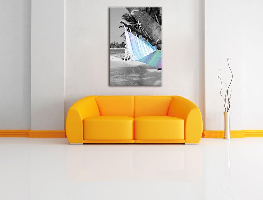 Pixxprint traumhafte Hängematte am Strand, Format: 70x100 auf hochkantiges Leinwand, XXL riesige Bil