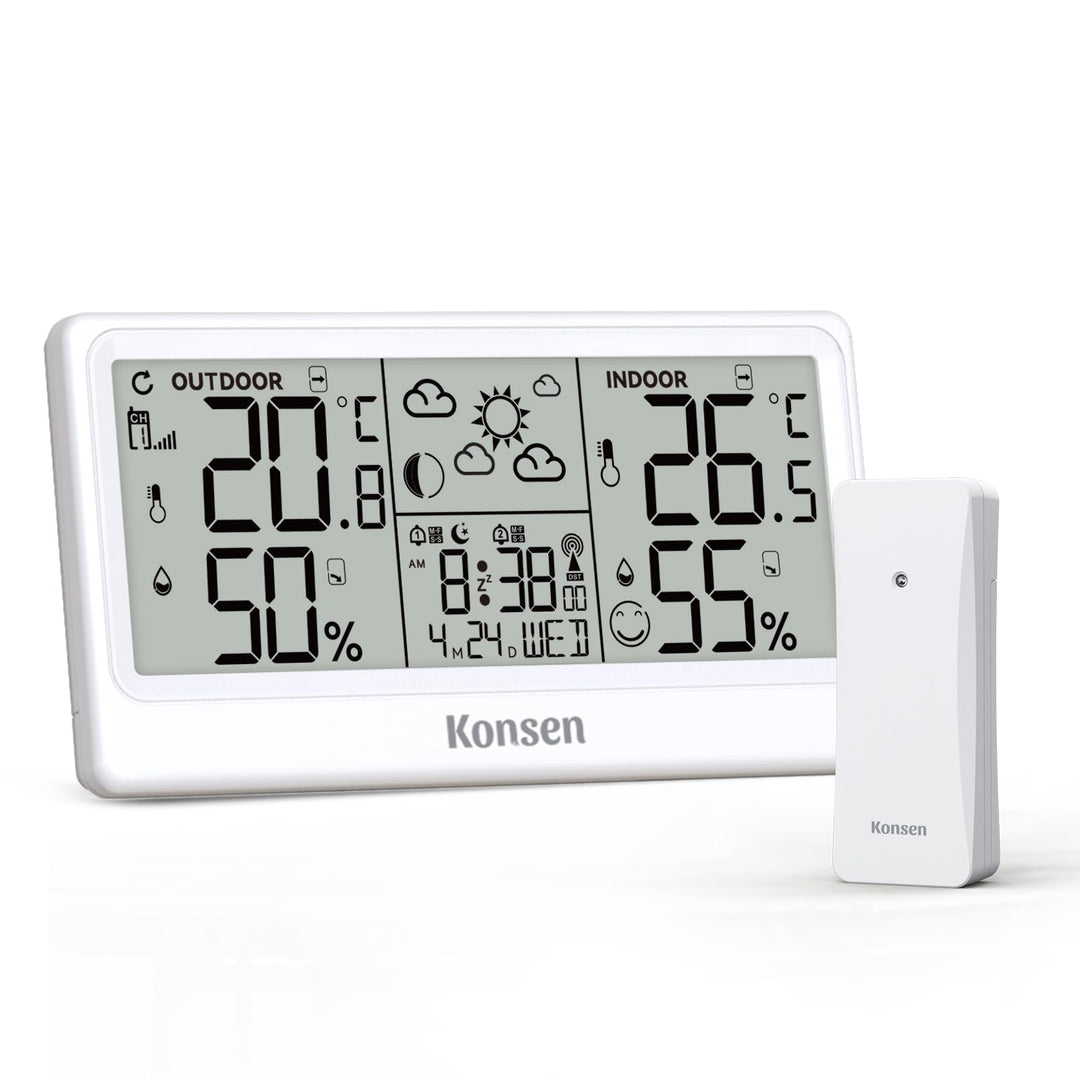 Funk-Wetterstation mit Aussensensor – DCF Funkuhr, Digitales Thermo-Hygrometer (Batteriebetrieb) für