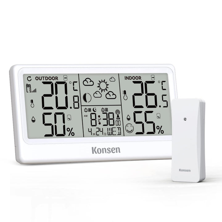 Funk-Wetterstation mit Aussensensor – DCF Funkuhr, Digitales Thermo-Hygrometer (Batteriebetrieb) für